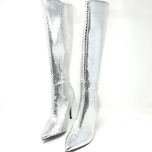 INC Jelpp Silver Snake Tall Knee High Stiletto Boots Size 8.5M